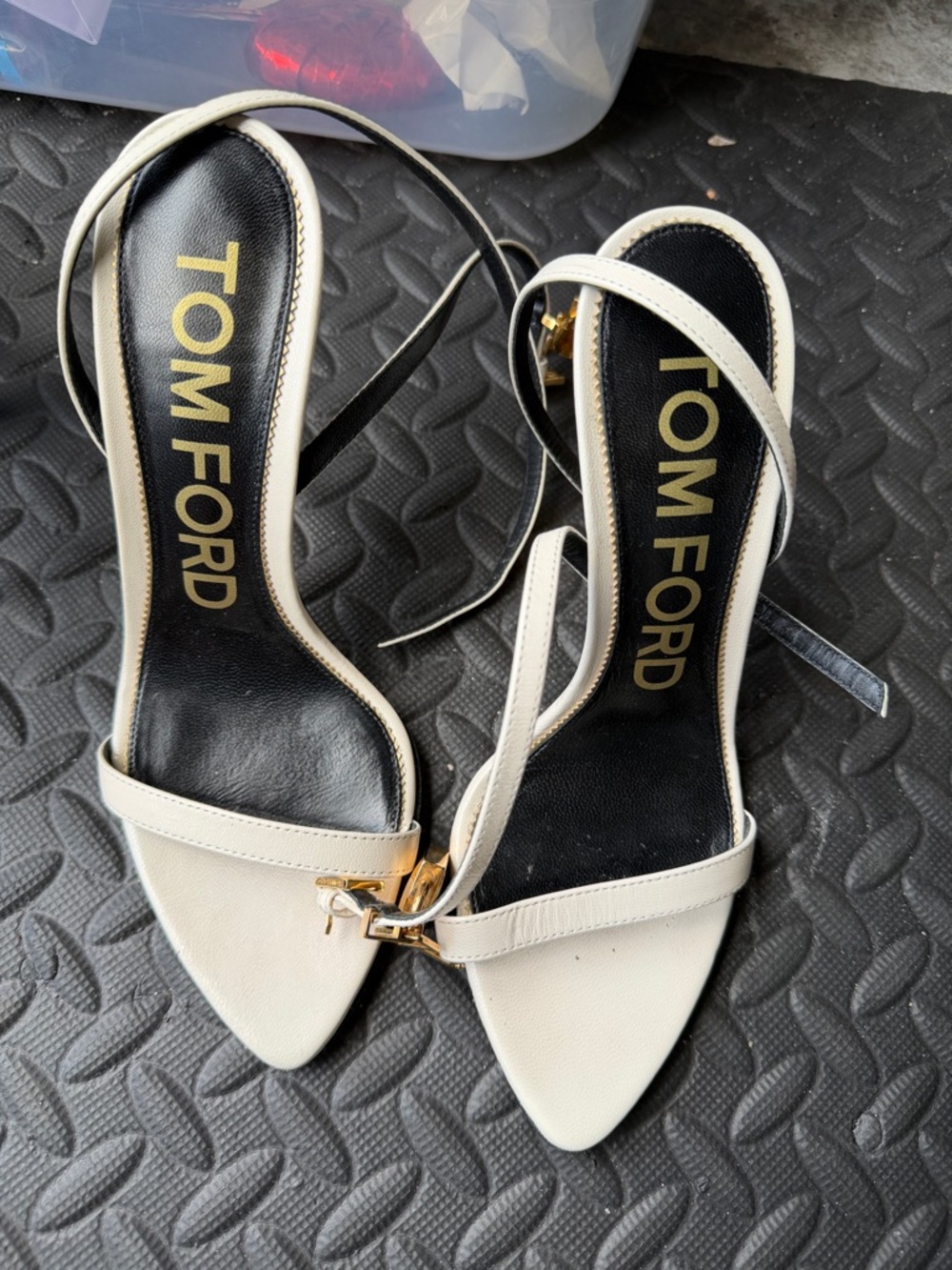Tom Ford Cream Leather Pointed-Toe Ankle-Strap Heels with Gold Accent